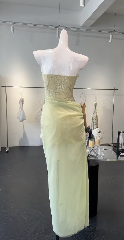 Elegant Strapless Sheath Green Long Evening Dress Lace Tulle Prom Dress ED08891