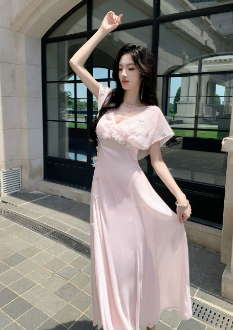 Robe de soirée longue trapèze en mousseline avec col en V chic, rose, robe de bal ED08896