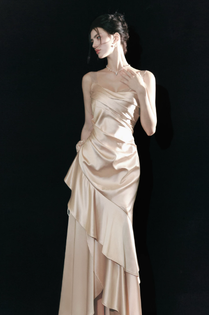 Chic Straps Sheath Satin Long Evening Dress Champagne Prom Dress ED08897