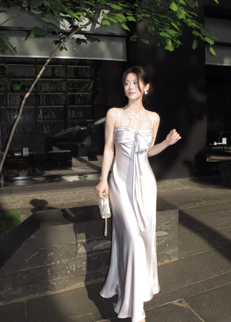 Chic Spaghetti Straps Summer Dress Sheath Satin Long Evening Dress Light Grey Prom Dress ED08901