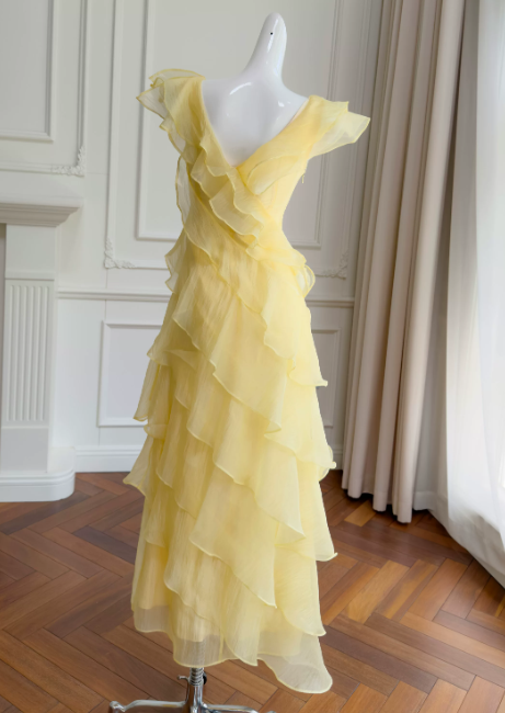 Chic V-neck Sheath Long Evening Dress Chiffon Summer Dress Yellow Prom Dress ED08902