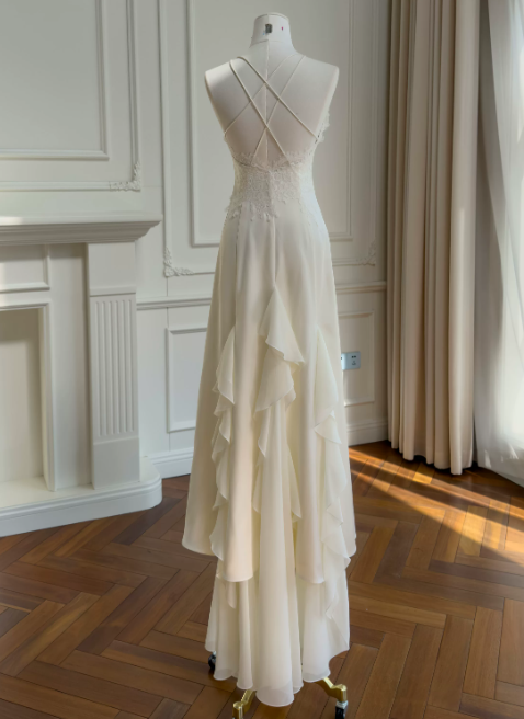 Robe de soirée longue fourreau chic en V en mousseline, robe d'été ivoire, robe de bal ED08904