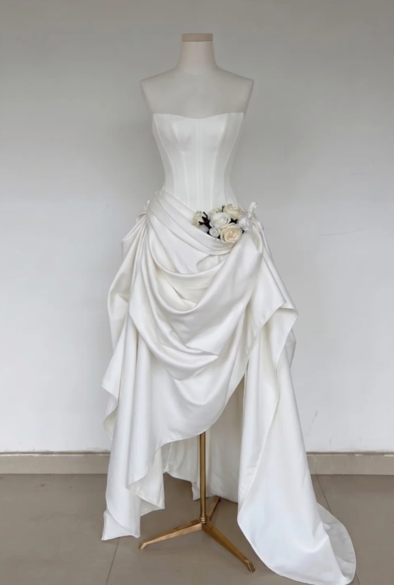 Modest Sheath Wedding Dress White Satin Bridal Dress Strapless Bridal Gown ED08913