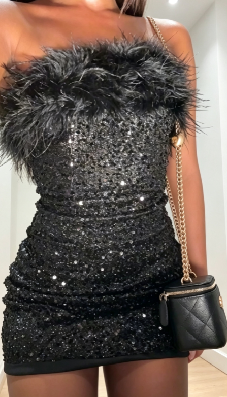 Sexy Sheath Strapless Birthday Dress Black Hoco Dress Sequins Short Prom Dress ED08923