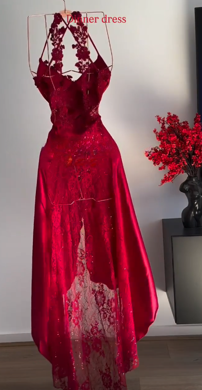 Simple Red Long Evening Dress Spaghetti Straps Sheath Prom Dress Satin Formal Dress ED08932