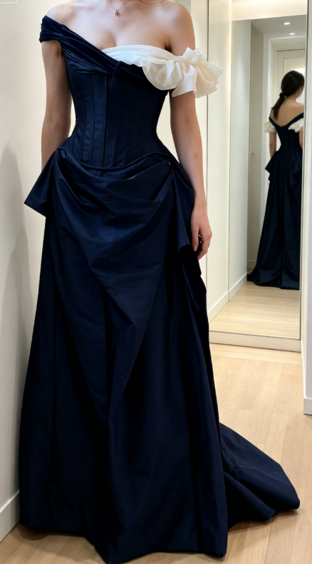 Simple Black Long Evening Dress Off-shoulder Sheath Prom Dress Satin Formal Dress ED08938