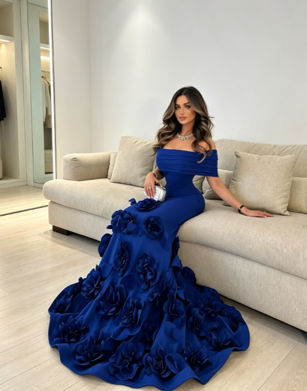Chic Blue Long Evening Dress Off-shoulder Mermaid Prom Dress Satin Formal Dress ED08940