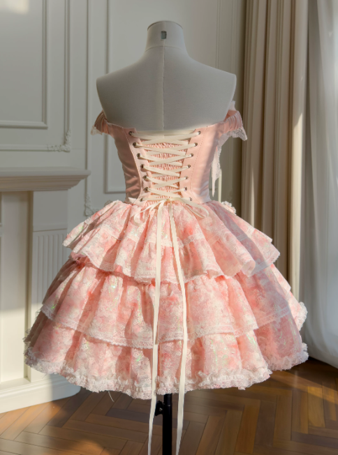 Chic Pink Birthday Dress Off-shoulder A-Line Hoco Dress Lace Graduation Party Dress ED08947