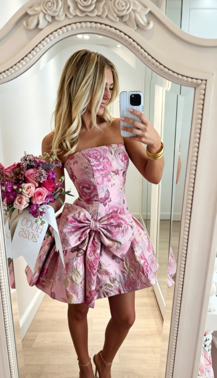 Chic Pink Hoco Dress Strapless A-Line Graudation Party Dress Satin Birthday Dress ED08960