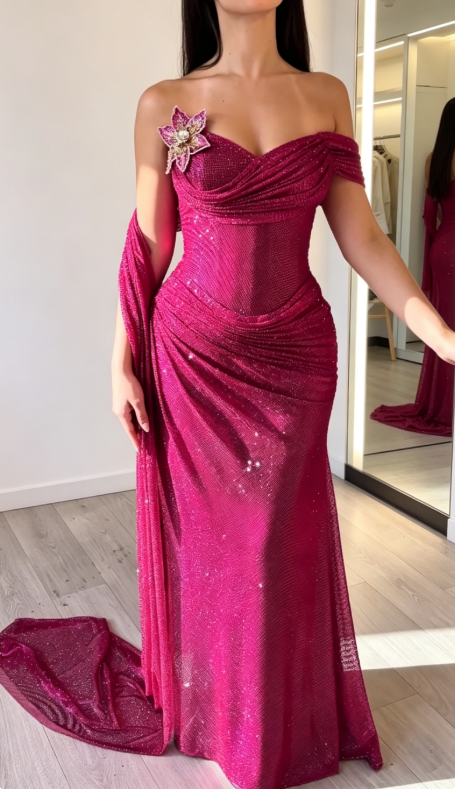 Chic Hot Pink Prom Dress One-shoulder Sheath Tulle Long Evening Dress ED08964