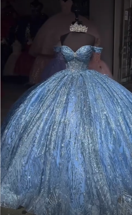 Gorgeous Off-shoulder Ball Gown Quicneanera Dress Tulle Blue Sweet 16 Dress ED08969