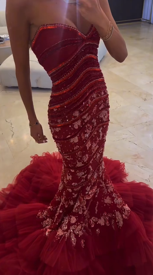 Fairy Tulle Sequins Long Evening Dress Red Prom Dress Sweetheart Mermaid Fomral Dress ED08978