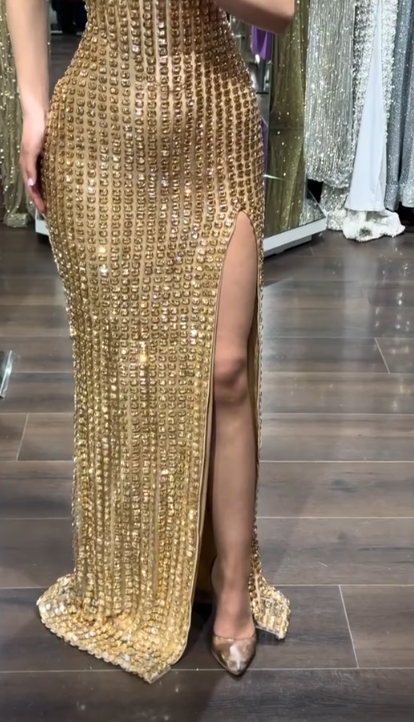 Elegant Tulle Beaded Evening Dress Long Gold Dress for Party Off-shoulder Sheath Fomral Dress with Slit ED08982