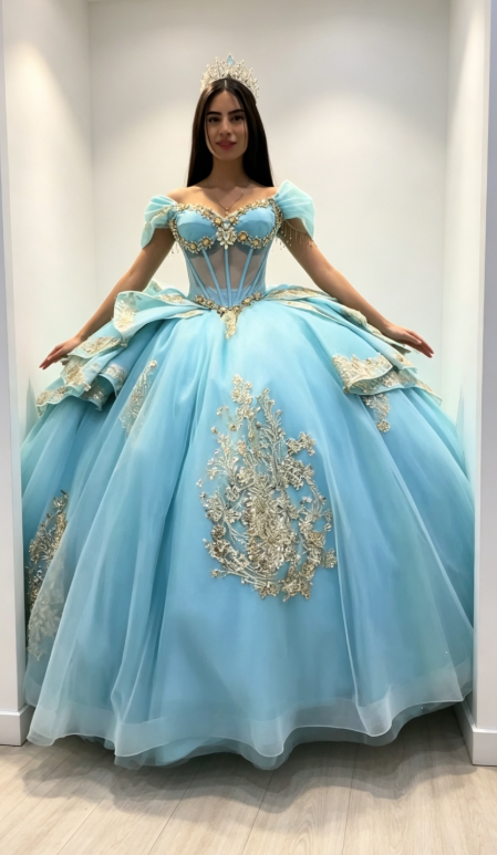 Gorgeous Blue Sweet 16 Dress Tulle Appliques Ball Gown Quinceanera Dress Off-shoulder Princess Dress ED09003