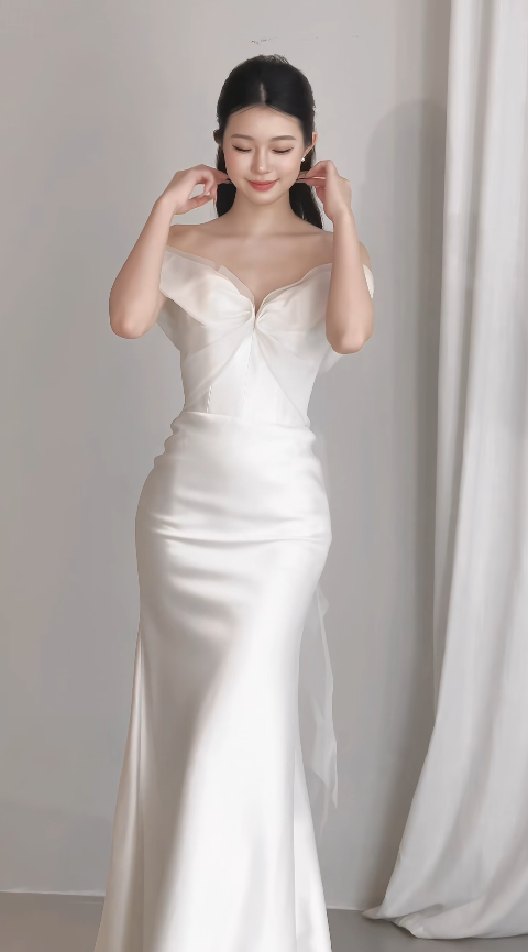 Bescheidenes schulterfreies Meerjungfrauen-Hochzeitskleid Satin Brautkleid Weißes Brautkleid ED09007