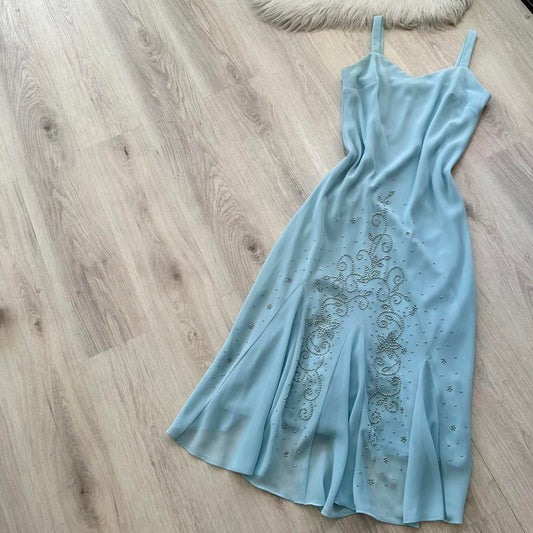 Robe de soirée vintage bleue Hoco en mousseline ornée de perles, robe fourreau d'anniversaire ED09011