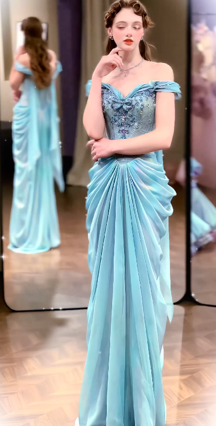 Chic Blue Prom Dress Off-shoulder Sheath Chiffon Beaded Long Evening Dress ED09019