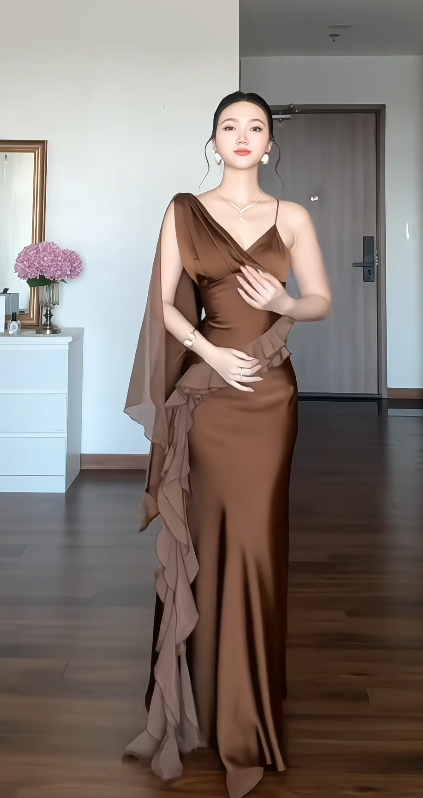 Élégante Robe de Soirée Longue Marron à Bretelles Fines Robe Fourreau Formelle Robe en Satin pour Fête ED09026