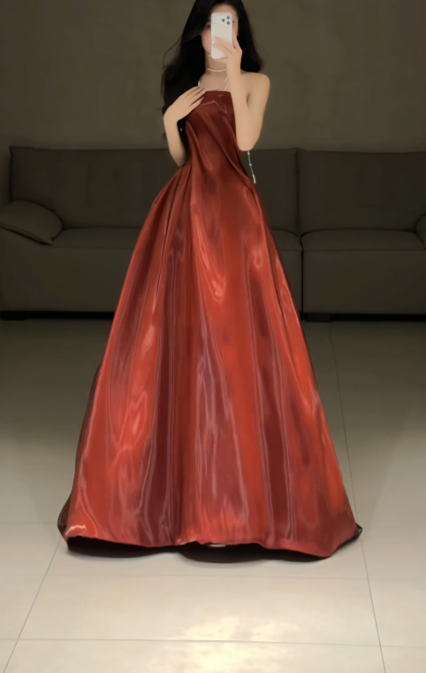 Elegant Burgundy Long Evening Dress Strapless A-Line Formal Dress Satin Dress for Graduation ED09028