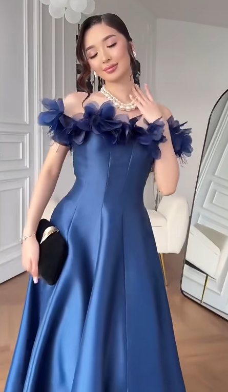 Chic Navy Blue Long Evening Dress Off-shoulder A-Line Formal Dress Satin Dress for Graduation ED09031