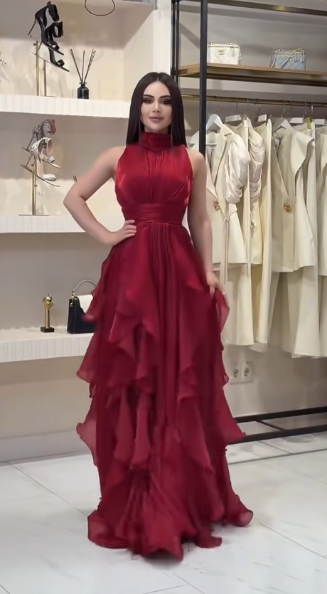 Chic Burgundy Long Evening Dress Halter A-Line Formal Dress Chiffon Dress for Graduation ED09032