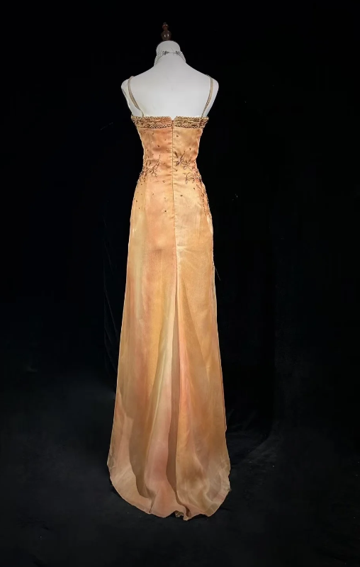 Chic Gold Long Evening Dress Spaghetti Straps Sheath Formal Dress Satin Dress for Graduation ED09037