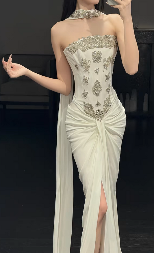 Timeless Strapless White Wedding Dress Chiffon Beaded Bridal Dress Sheath Bridal Gown ED09038