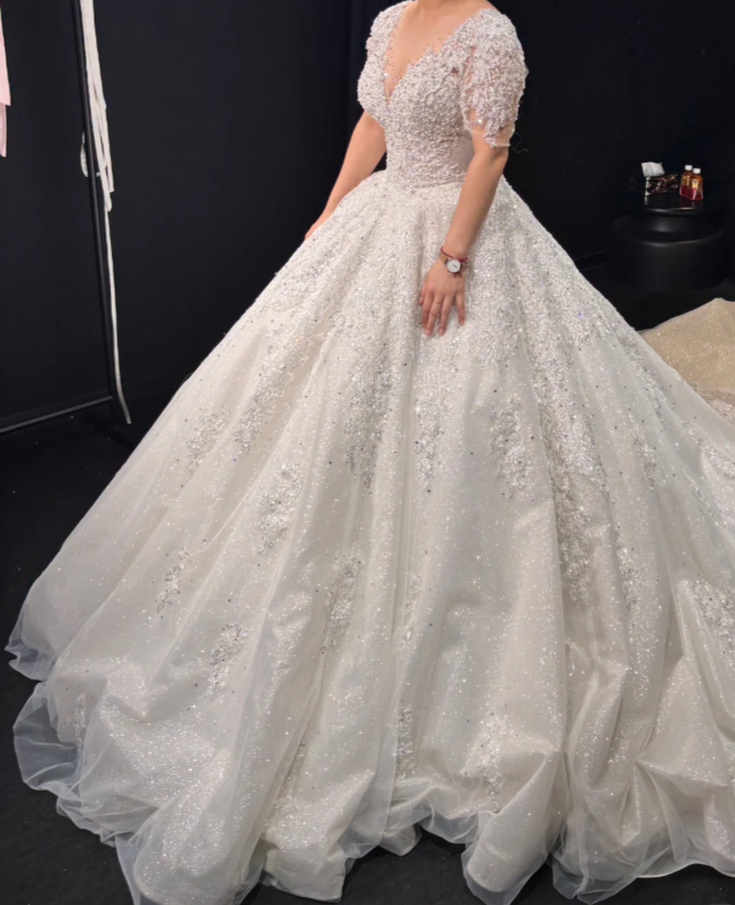Timeless V-neck White Wedding Dress A-Line Bridal Gown Tulle Appliques Bridal Dress ED09039