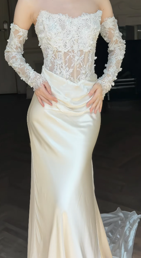 Timeless Sweetheart Light Champagne Wedding Dress Mermaid Bridal Gown Satin Lace Bridal Dress ED09045
