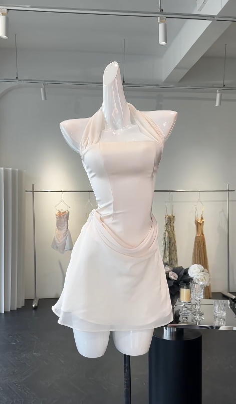 Chic White Hoco Dress Halter Sheath Birthday Dress Chiffon Party Dress ED09047