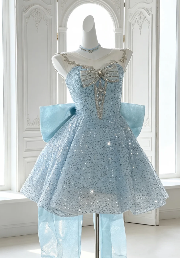 Chic Blue Hoco Dress Round Neck A-Line Birthday Dress Tulle Party Dress ED09051