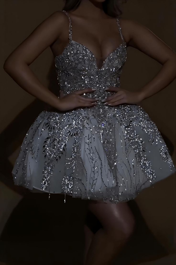 Chic White Hoco Dress Spaghetti Straps A-Line Birthday Dress Sequins Tulle Party Dress ED09055