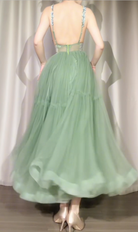 Vintage Green Prom Dress Straps A-Line Tulle Long Evening Dress ED09063