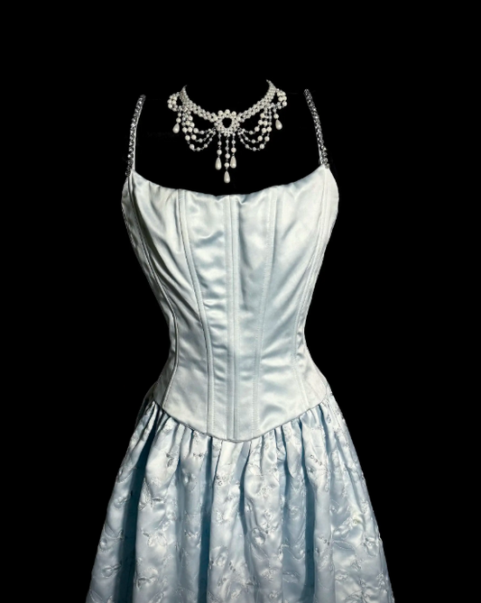 Fashion Blue Prom Dress Straps A-Line Satin Long Evening Dress ED09069