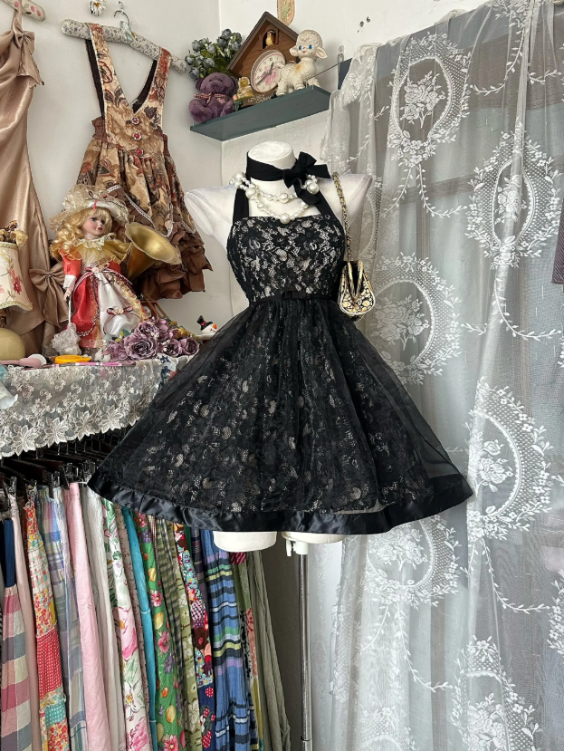 Cute Black Hoco Dress Halter A-Line Birthday Dress Lace Party Dress ED – EvaFashionDress