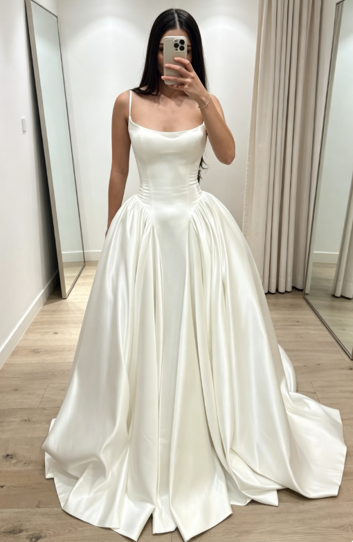 Modest A-Line White Wedding Dress Satin Bridal Dress Sleeveless Bridal Gown ED09082
