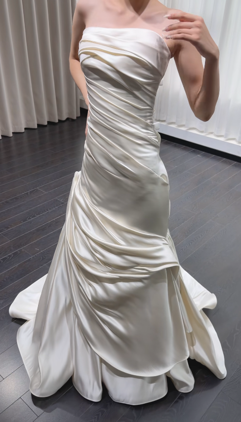 Simple Strapless Sheath Wedding Dress White Satin Bridal Gown ED09108