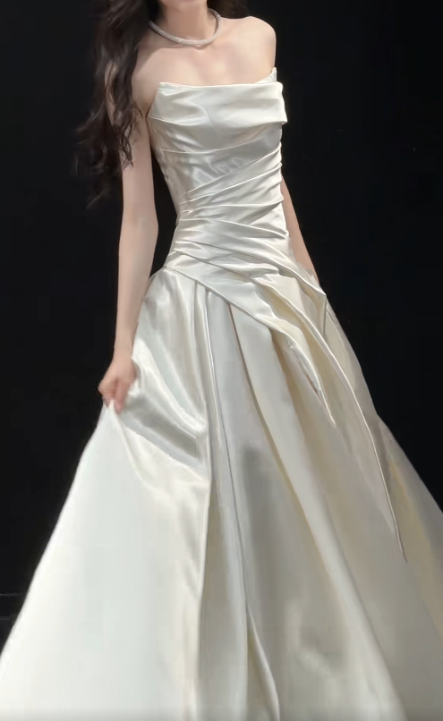 Modest Strapless A-Line Wedding Dress White Satin Bridal Gown ED09110