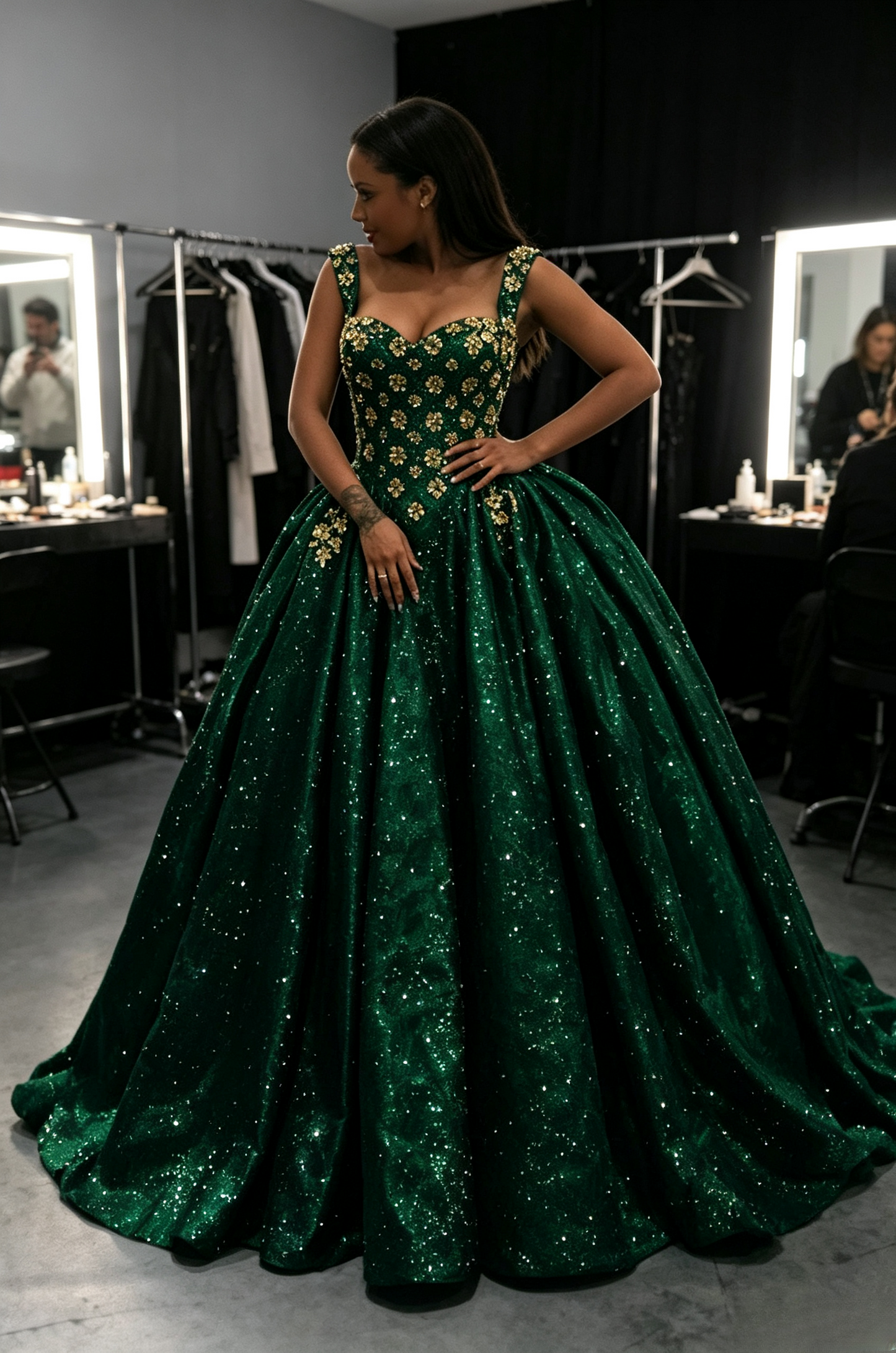 Chic Dark Green Prom Dress A-Line Long Evening Dress Straps Sequins Dress for Party ED09111