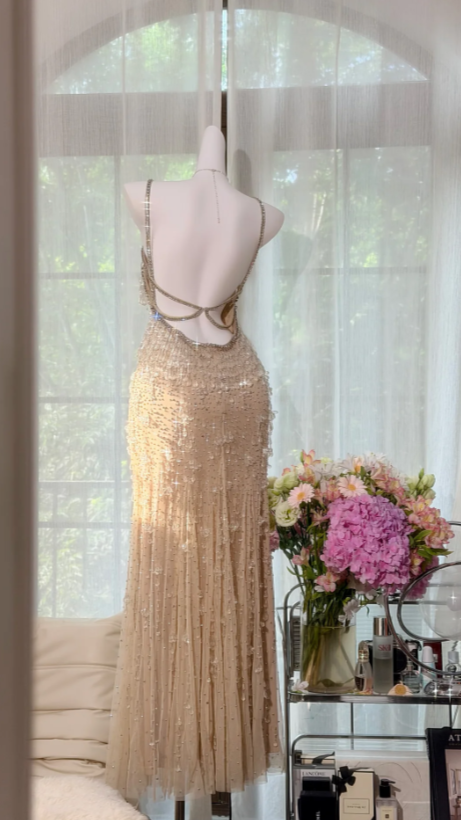 Chic Nude Champagne Prom Dress Sheath Beaded Long Evening Dress Straps Chiffon Dress for Party ED09112