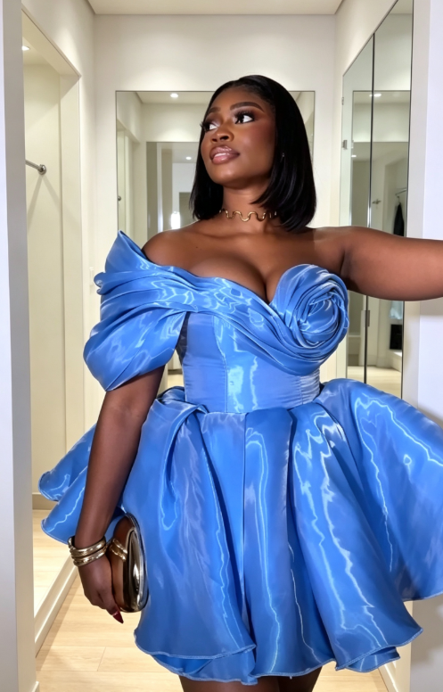 Robe de soirée asymétrique bleu mode en satin coupe trapèze ED09128