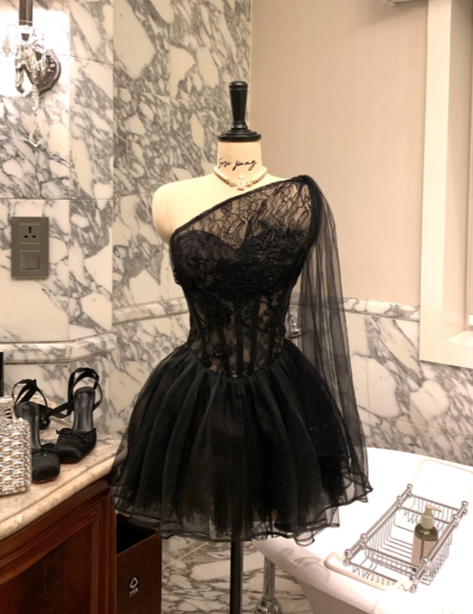 Fashion Black Hoco Dress Off-shoulder A-Line Dress for Party Sequins C – EvaFashionDress