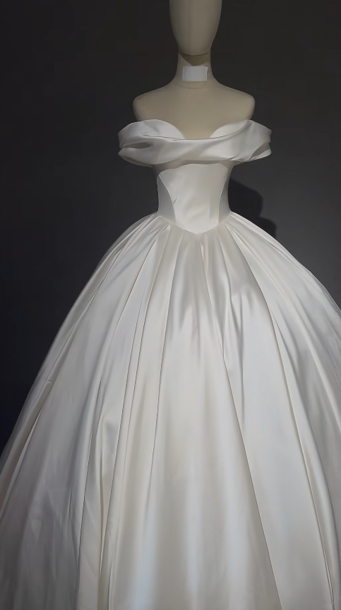 Simple White Wedding Dress Off-shoulder A-Line Bridal Dress Satin Bridal Gown ED09144