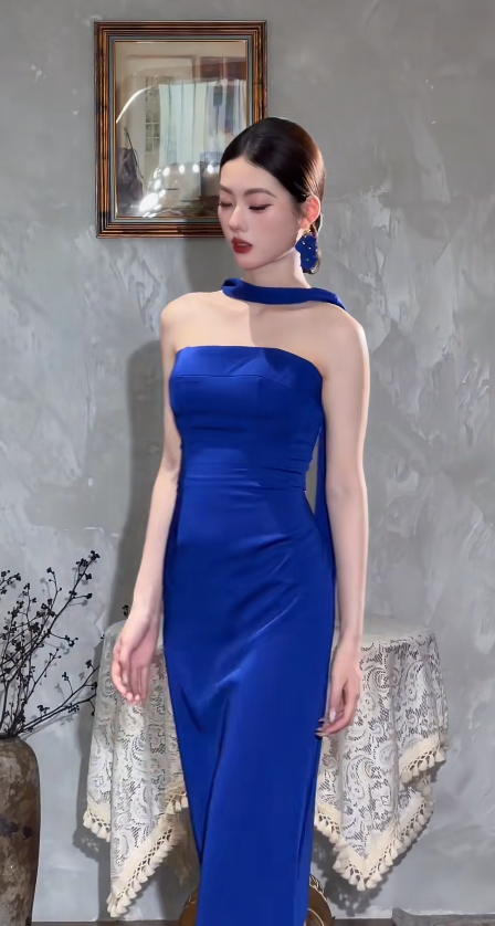 Chic Blue Prom Dress Chiffon Dress for Party Strapless Sheath Evening Dress ED09166