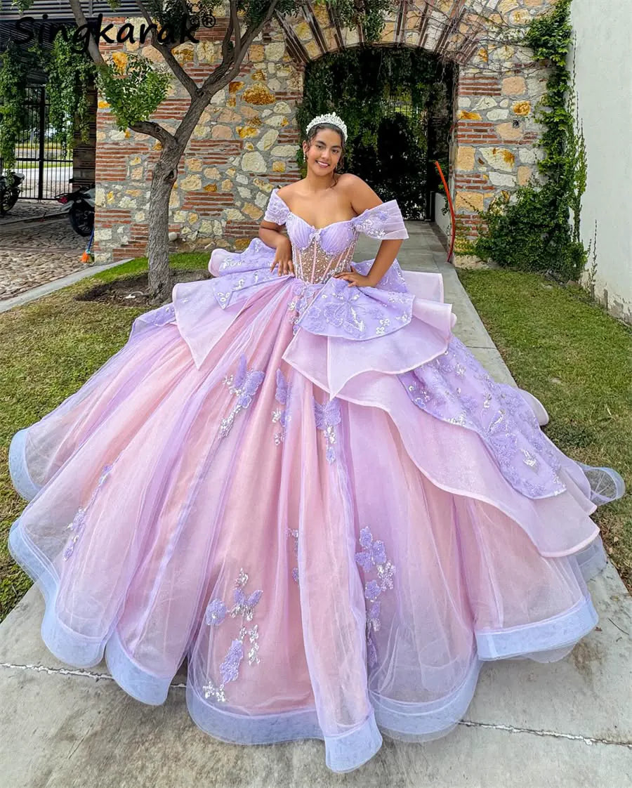 Fairy Off-shoulder Ball Gown Quinceanera Dress Tulle Applique Pink Sweet 16 Dress ED09191