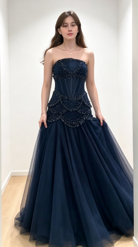 Chic Strapless Sheath Chiffon Long Evening Dress Navy Blue Prom Dress ED09195