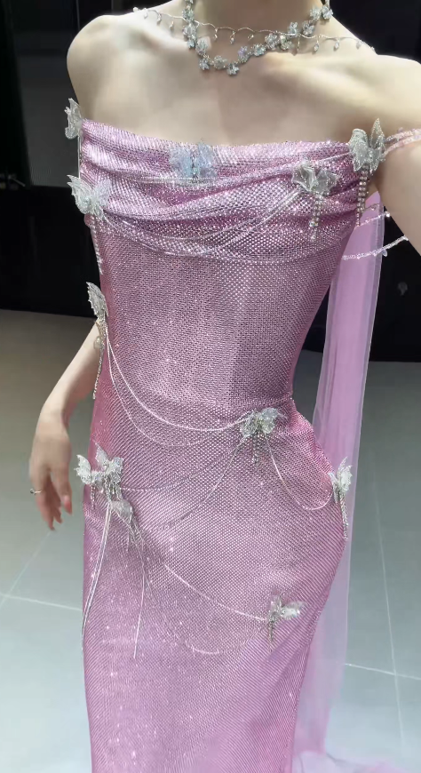 Chic Strapless Sheath Tulle Long Evening Dress Pink Prom Dress ED09197