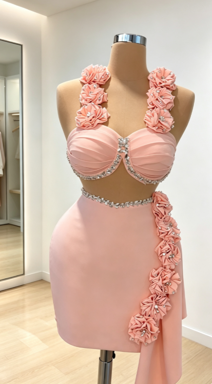Chic Pink Short Prom Dress Straps Bodycon Birthday Dress Chiffon Applique Hoco Dress ED09201