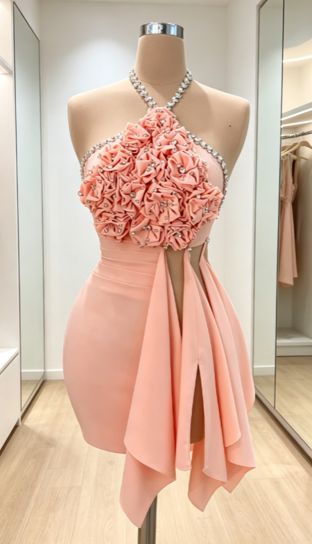 Chic Pink Short Prom Dress Beaded Bodycon Birthday Dress Chiffon Hoco Dress ED09205