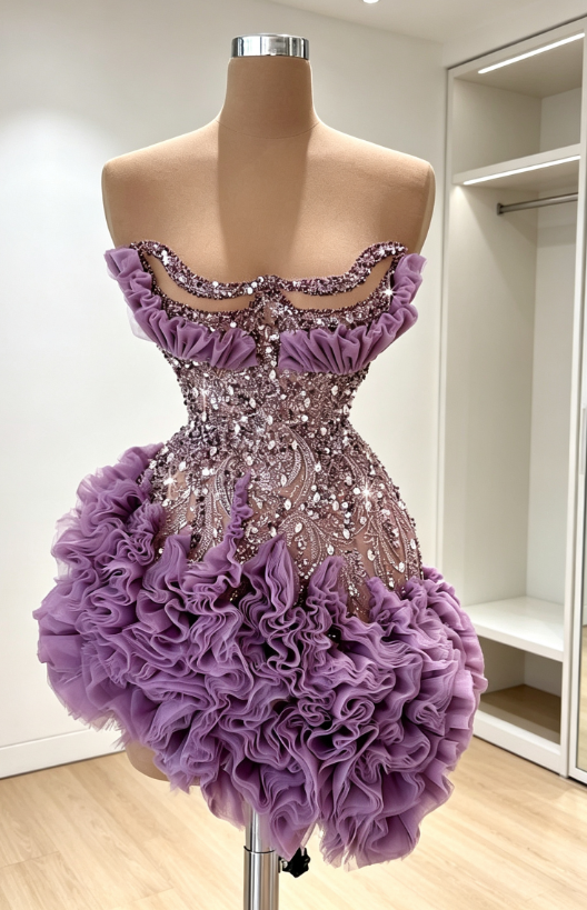 Chic Purple Short Prom Dress Beaded Bodycon Birthday Dress Tulle Hoco Dress ED09210